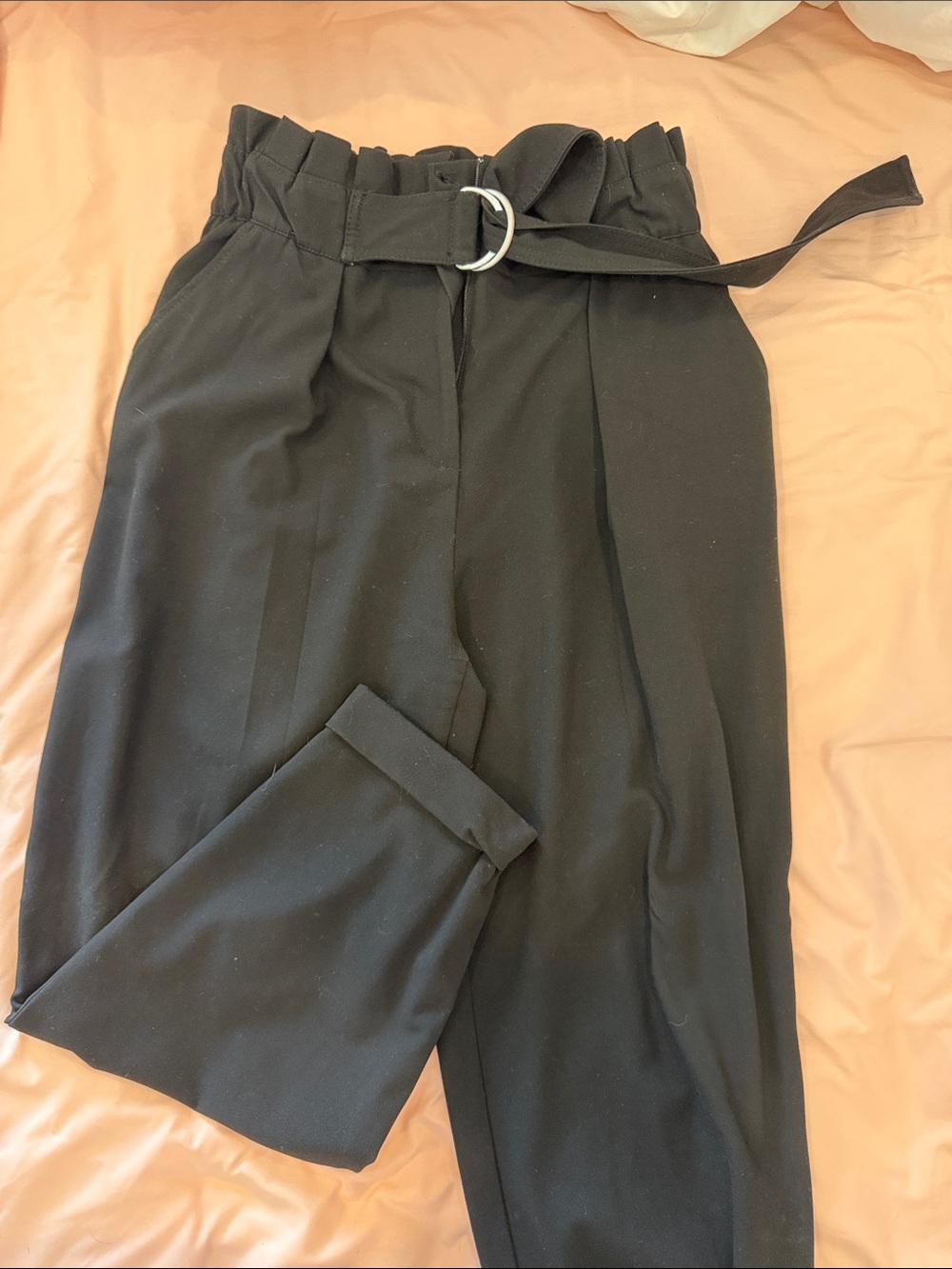Bershka Black High-Waist Paperbag Belted Pants